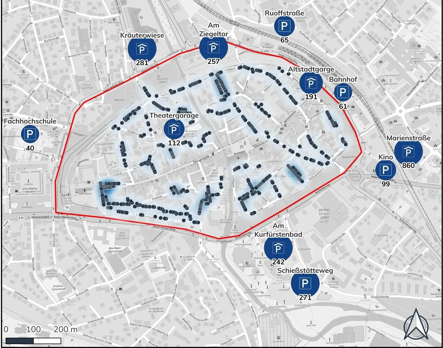 Inner-city parking facilities and capacities in Amberg