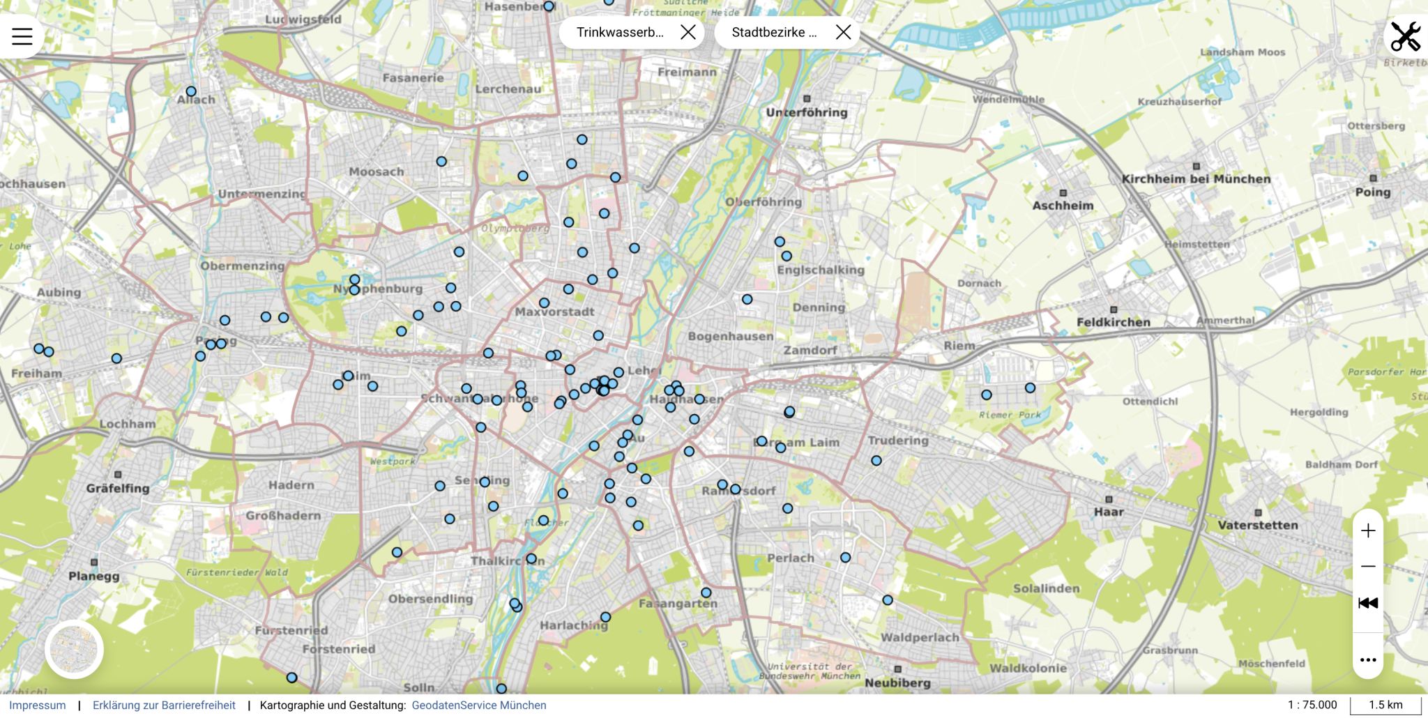 Existing public drinking water fountains in Munich