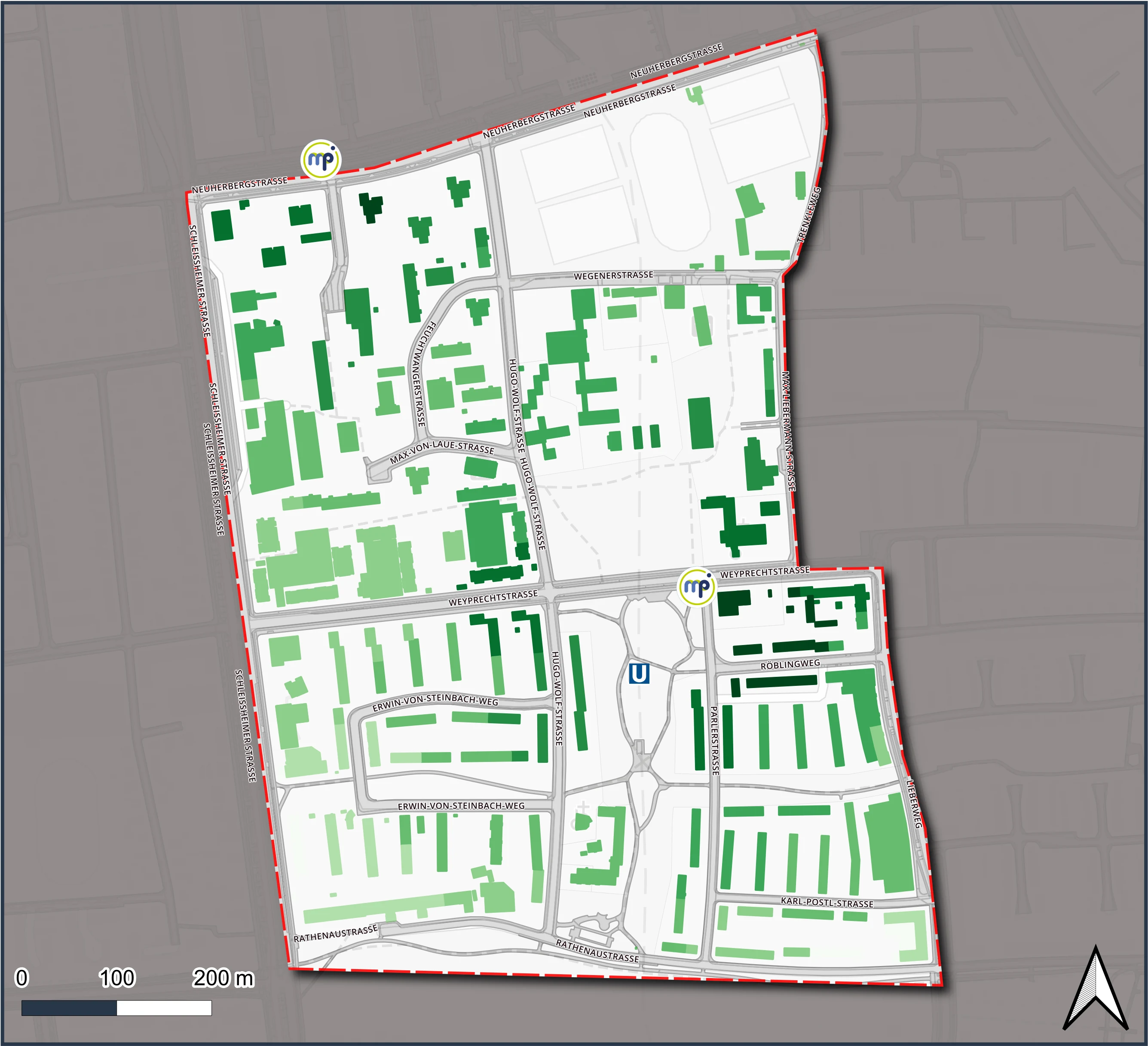 Walking-time access to mobility points across Harthof, Munich