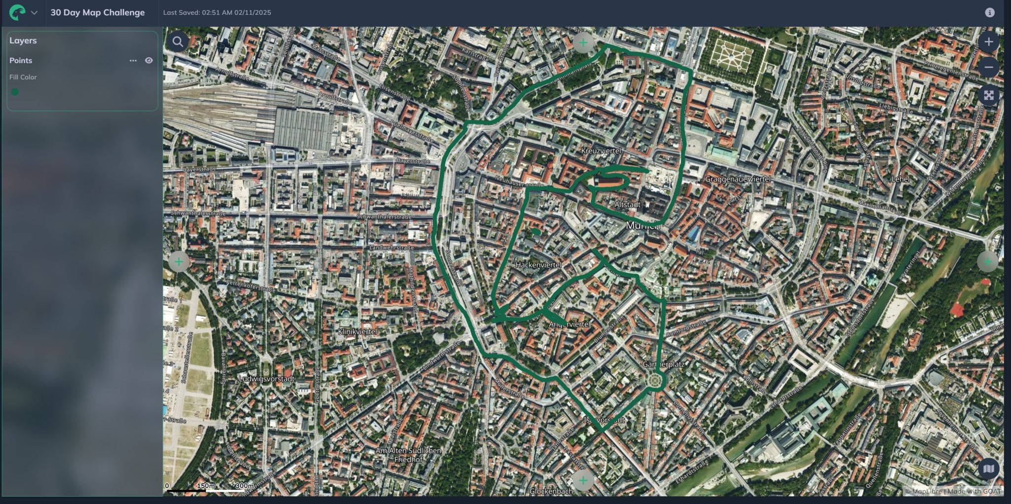 Mapped GOAT route along Munich bike and walking paths