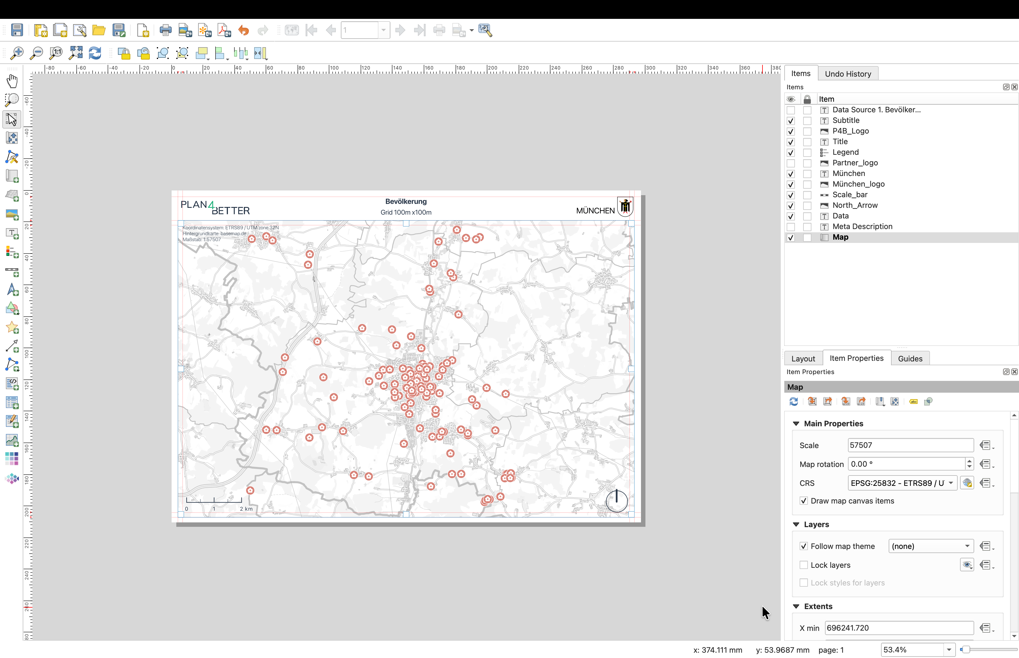 QGIS Layout Manager showing the imported Bevölkerung print layout