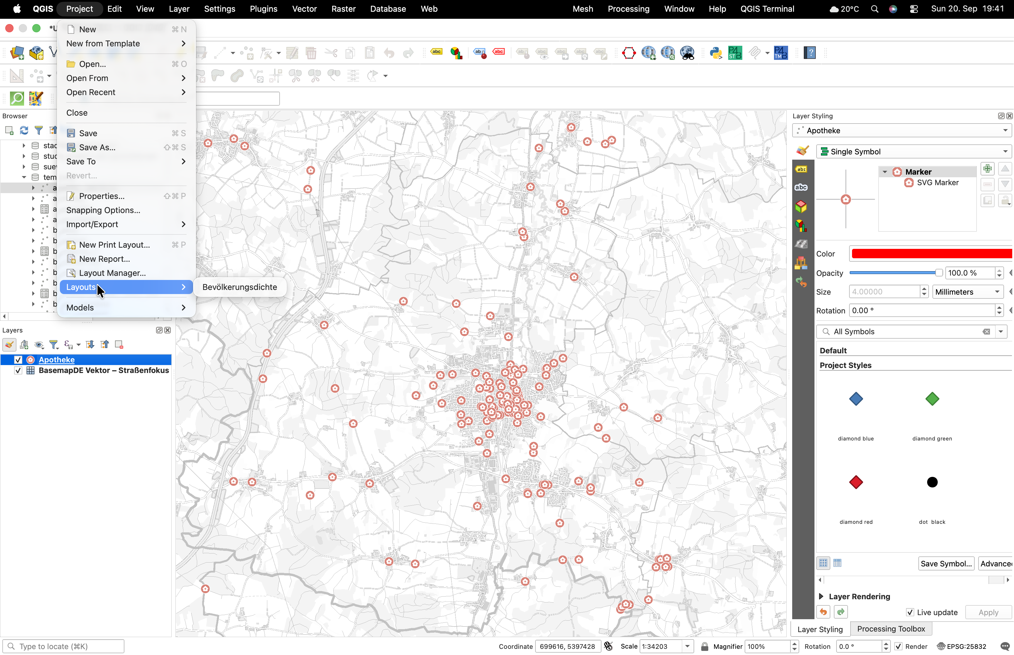 QGIS Project menu showing imported Bevölkerungsdichte layout