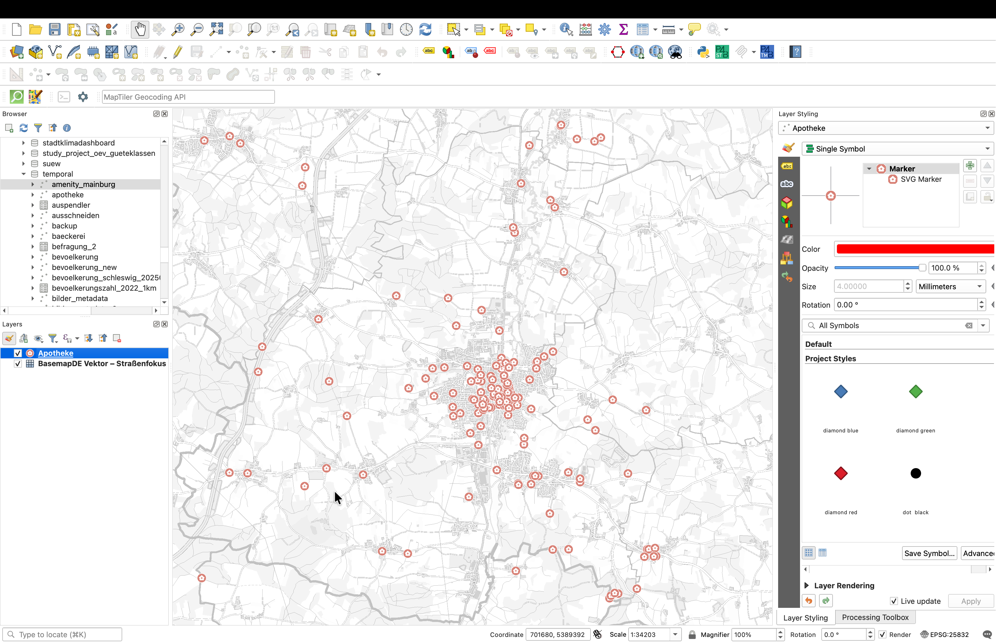 QGIS map after P4B Styling applies the Apotheke style and renames the layer