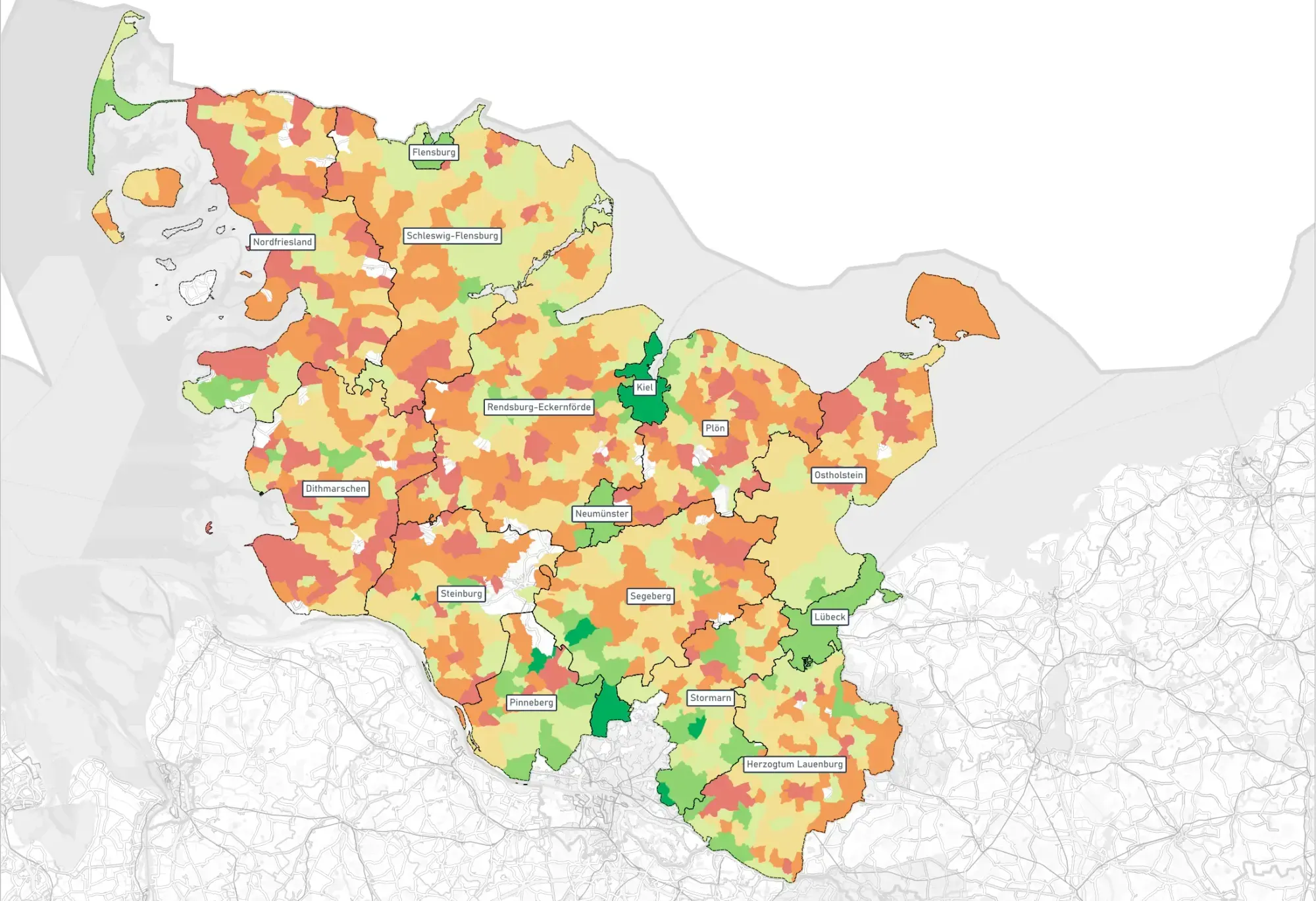 Public transport quality classes by municipality across Schleswig-Holstein