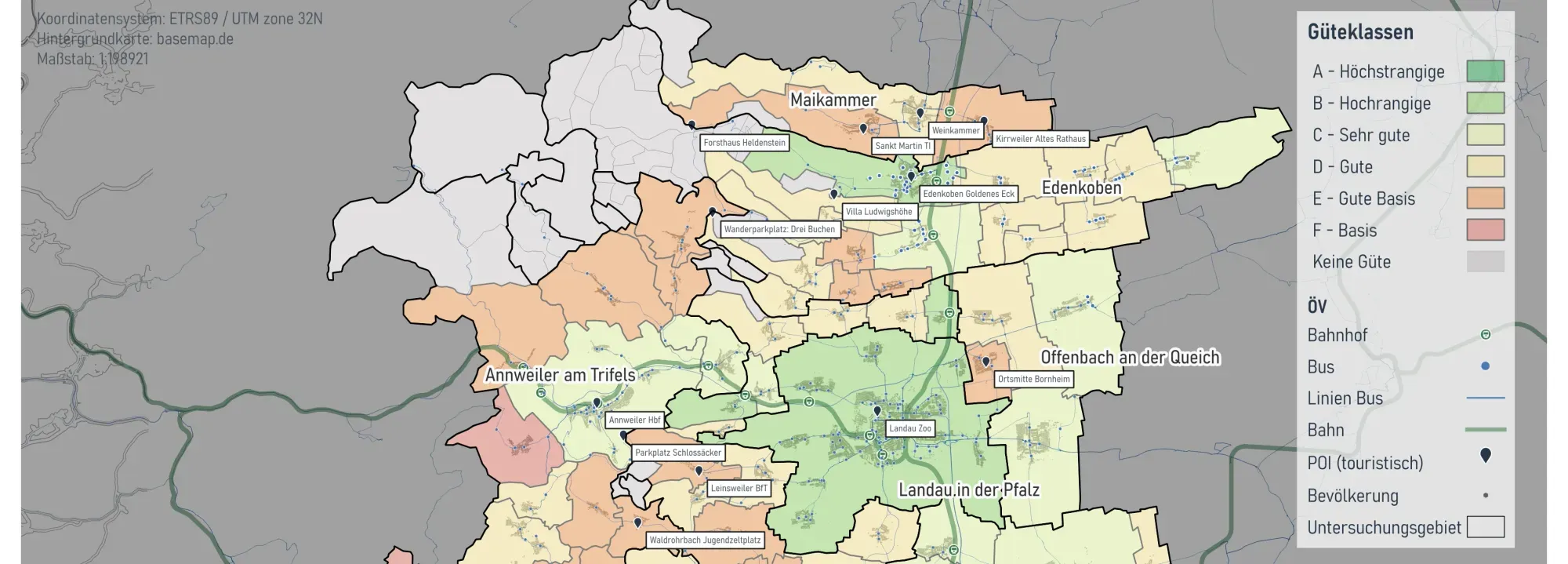 Public transport quality classes (Güteklassen) by municipality in Südliche Weinstraße